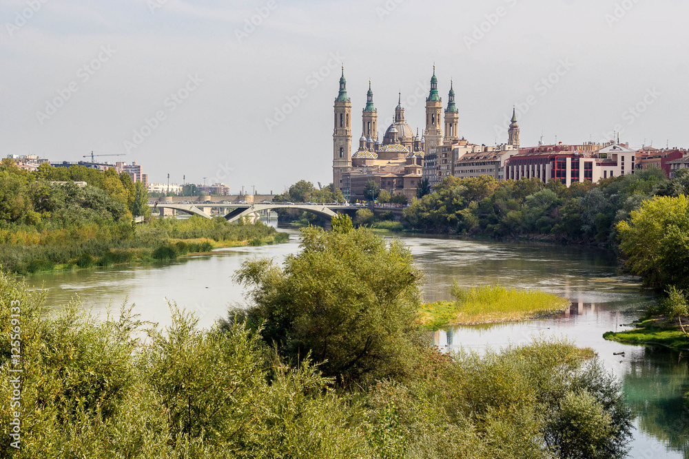 Our Lady of the Pillar Basilica on Ebro River Zaragoza, Spain