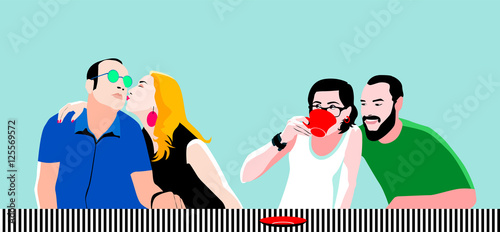 Group of friends chatting  and having fun in cafe, restaurant. Friendship Dining People Concept. Vector illustration