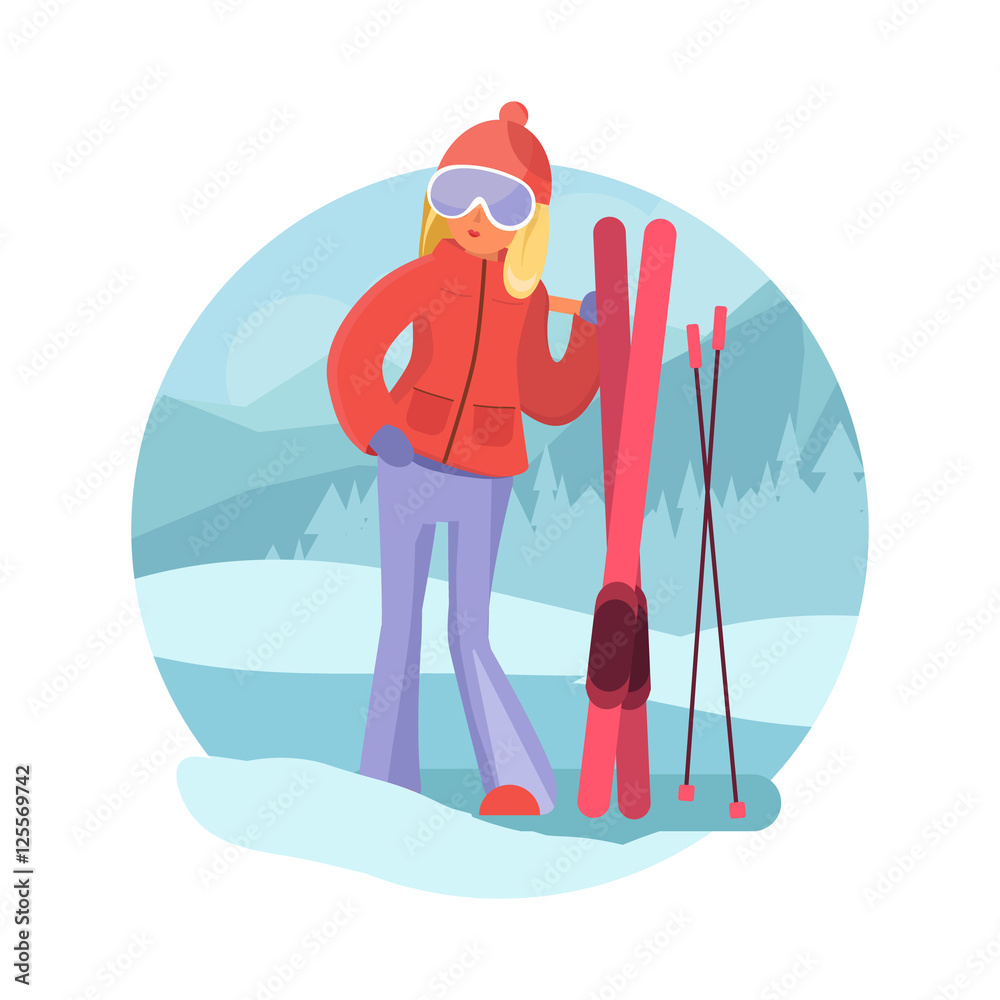 Skier girl winter sports concept. Girl with skis on natural background. Young girl skiing flat style vector. Cute blonde girl in ski goggles.