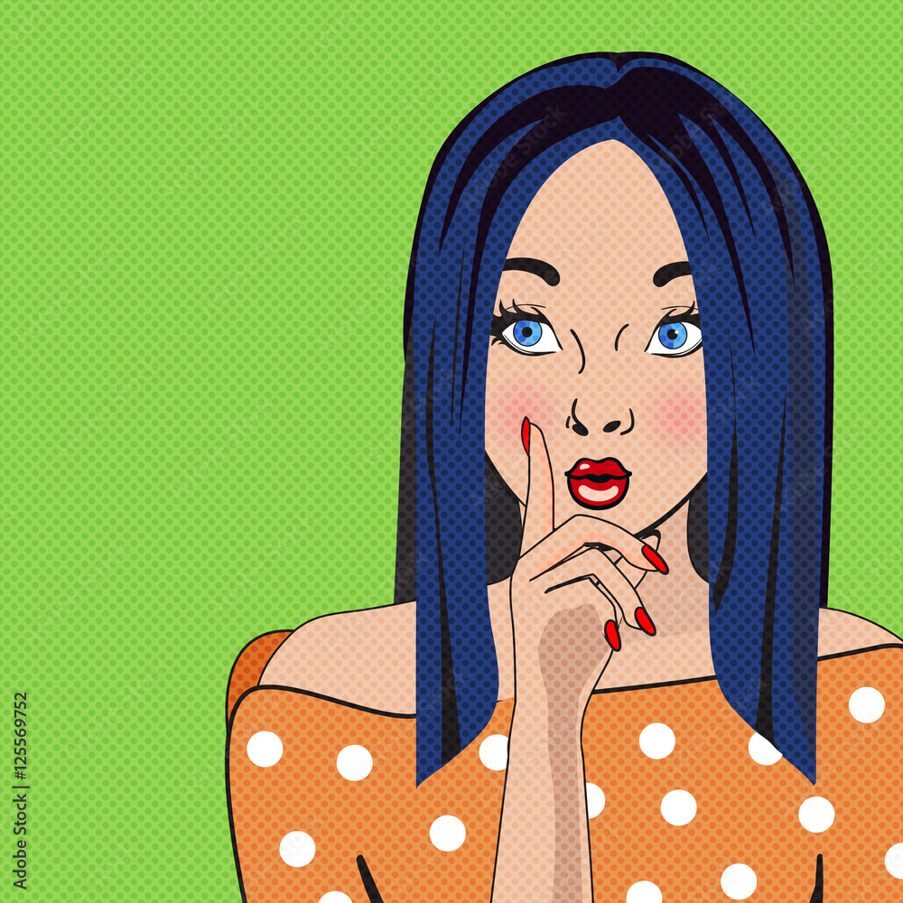 Vintage pop art vector illustration. Blue hair girl in comic style ...
