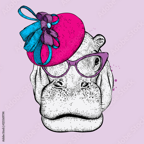 Funny hippo in a ladies' hat and sunglasses. Vector illustration for a card or poster. Print on clothes. Lady.