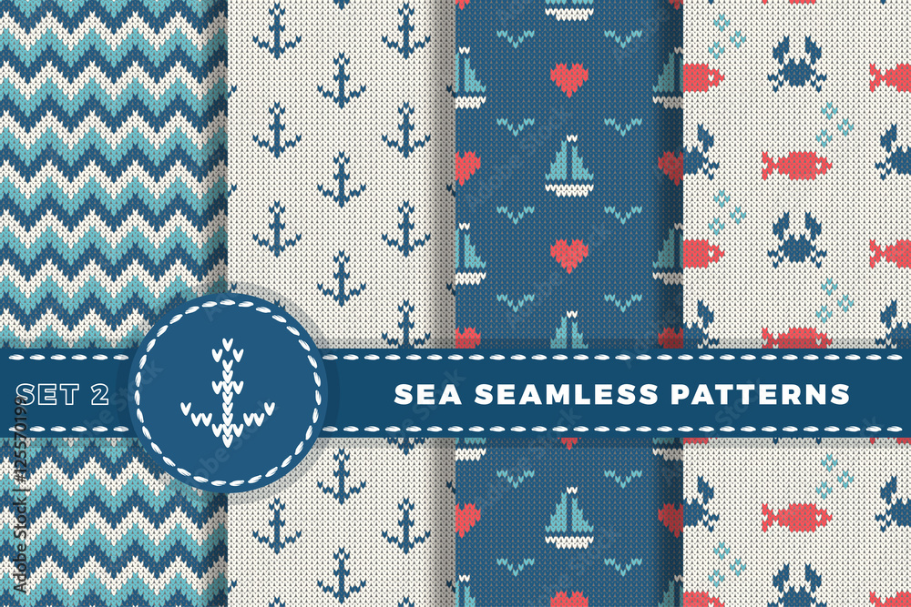 Sea and nautical backgrounds in white, turquoise, red and dark blue colors. Sea theme. Set seamless patterns collection. Woolen knitted texture. Vector Illustration.