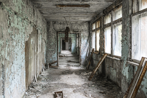 Hallway of abandoned school in Chernobyl.