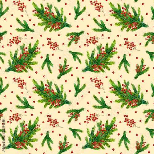 Watercolor Christmas pattern with fir branches and red berries isolated on beige background, watercolour hand painted seamless Christmas background for greeting card, textile, paper, wrapping, party