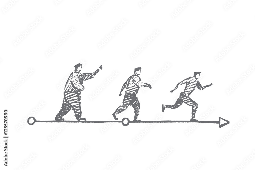 Vector hand drawn Diet sport concept sketch. Man running and transforming his body type from fat to slim Vector hand drawn Diet sport concept sketch. Man running and transforming his body type from fat to slim