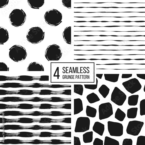 Set of grunge seamless pattern of black white stripes, polka dots, animal spots, texture grunge monochrome lines, circle, point, stroke, hand drawn vector pattern for textile, wallpaper, web, wrapping