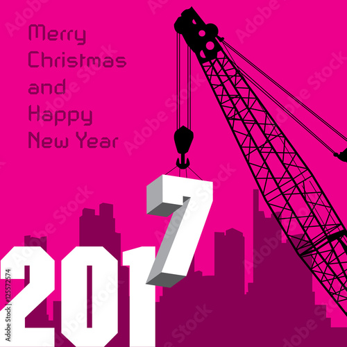 Happy New Year greeting card - crane at work