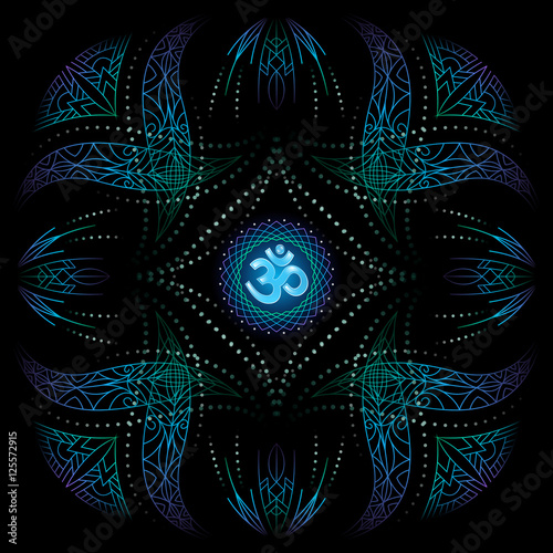 decorative corners, blue green psychedelic floral geometric ornamental frame, divine hindu symbol om, black background, use opacity mask, vector EPS 10