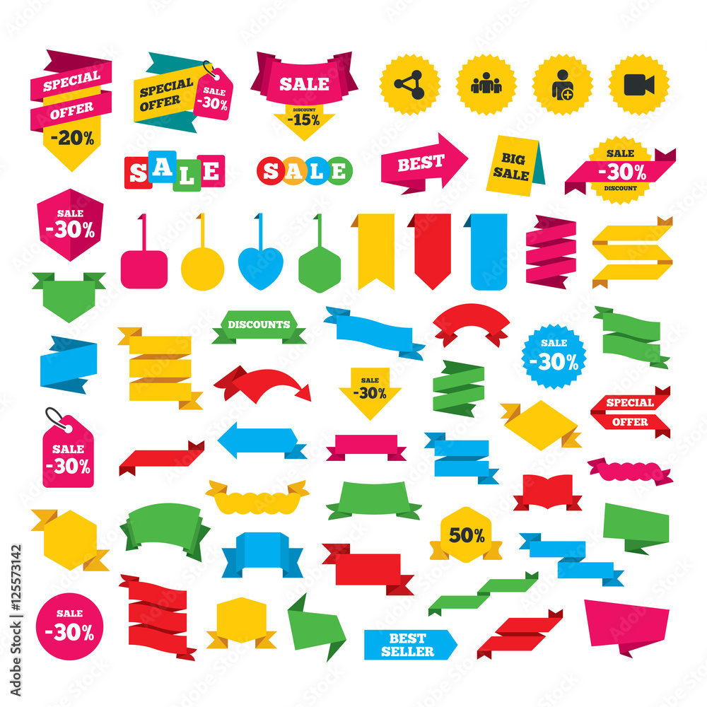 Group of people and share icons. Video camera. Group of people and share icons. Video camera.