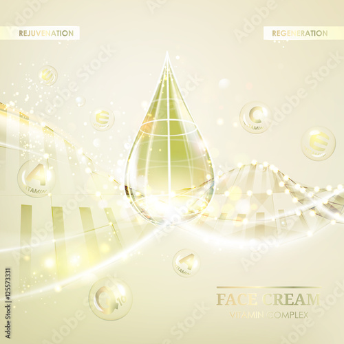 Concept Skin Care Cosmetic. Regenerate cream and Vitamin Background. Sepia banner with a DNA molecule of polygons. Vector illustration.