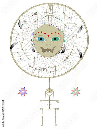 Dream catcher with the face of magic cat that has different colored eyes, white background, vector