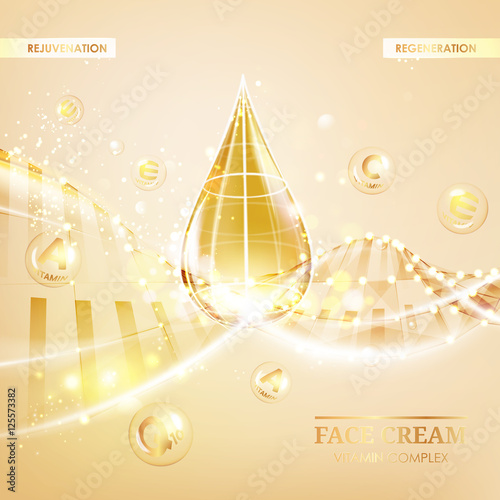 Skin care concept. UV Protection and whitening cream. Golden bubbles with letters over shining background. Vector illustration.