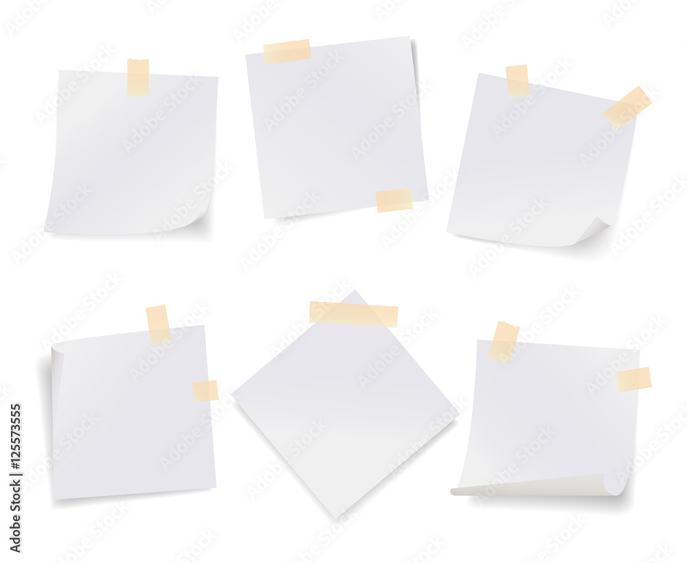 Set of different white note papers with pieces of tape Set of different white note papers with pieces of tape