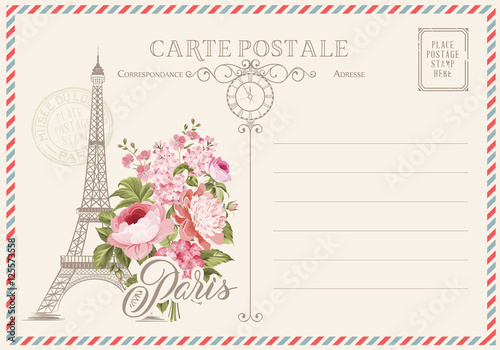 Old blank postcard with post stamps and eiffel tower with spring flowers on the top. Vector illustrtion.