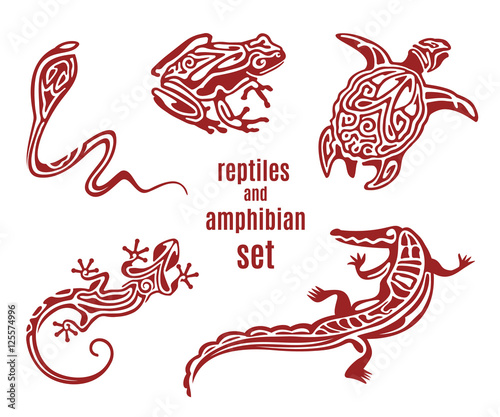 Wallpaper Mural Stylized reptiles and amphibian vector icon set. Ornamental silhouette of snake (cobra), frog, turtle, salamander (lizard). Sketch of tattoo. African, indian, mexican totem design. Vector illustration Torontodigital.ca