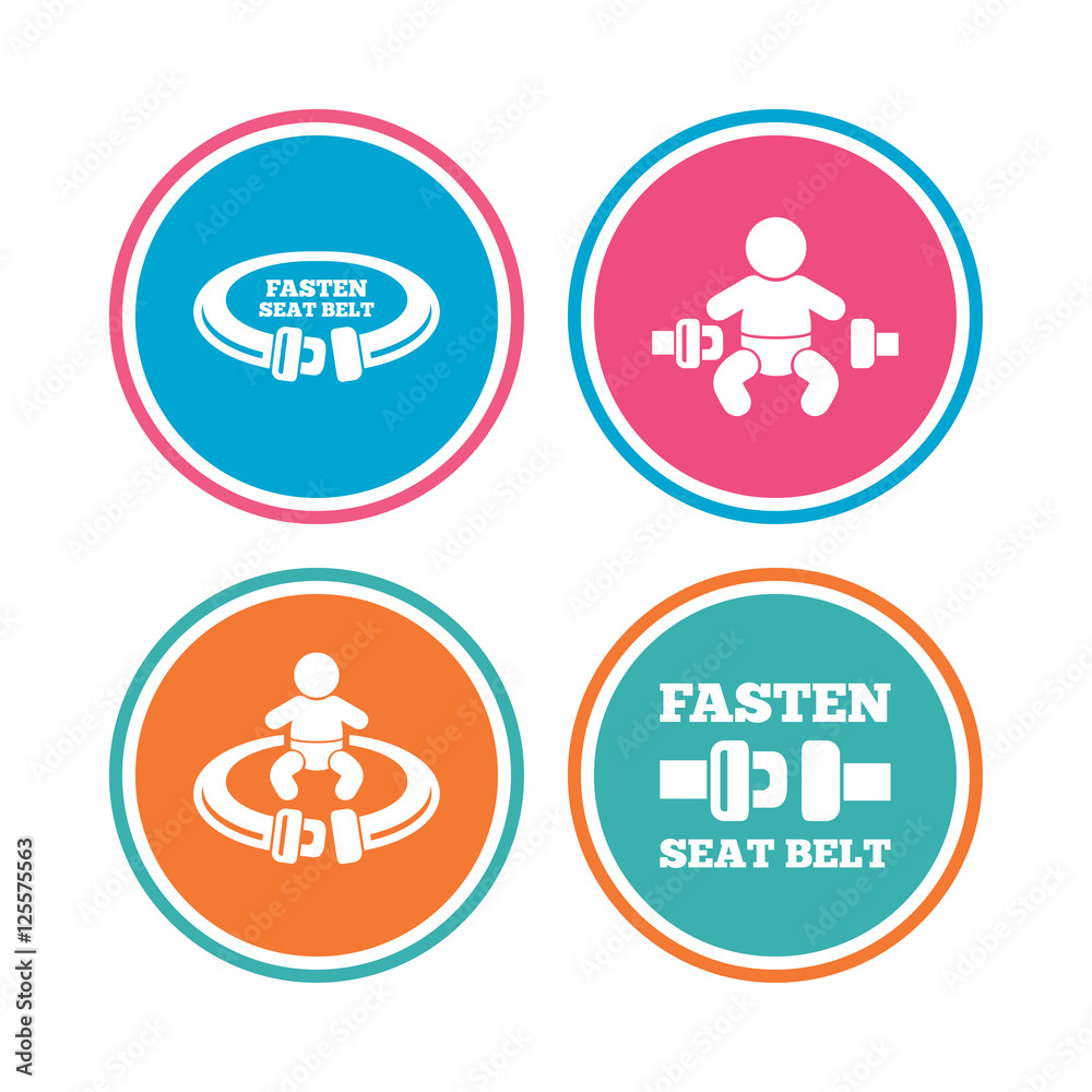 Fasten seat belt signs. Child safety in accident. Fasten seat belt signs. Child safety in accident.