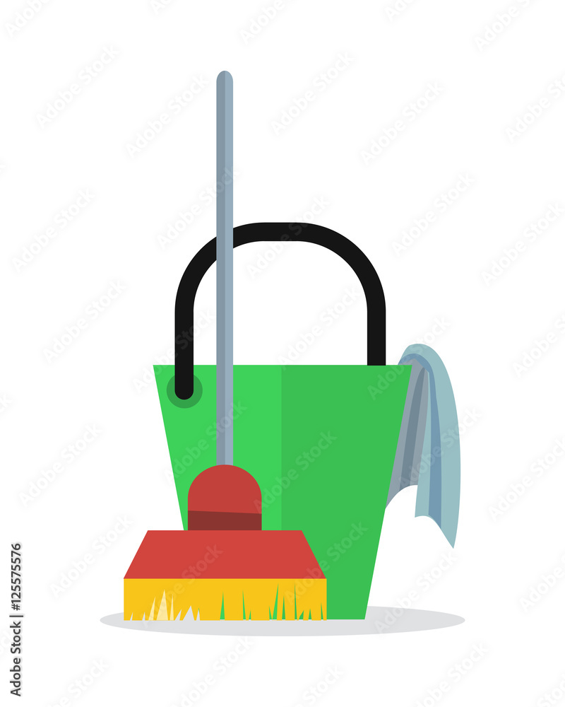 Cleaning Web Banner. Bucket with Duster and Broom Cleaning Web Banner. Bucket with Duster and Broom