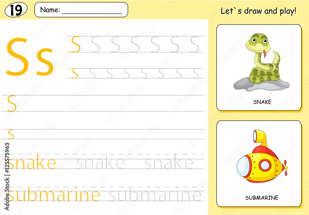 Cartoon snake and submarine. Alphabet tracing worksheet: writing Stock ...