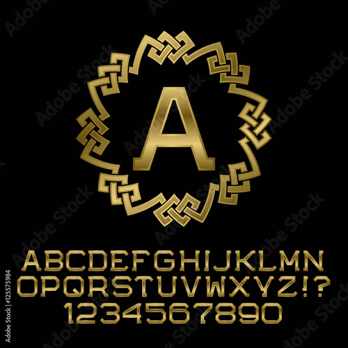 Golden angular letters and numbers with A initial monogram. Beautiful presentable font for logo design. Isolated english alphabet, figures.