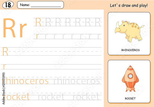 Cartoon rhinoceros and rocket. Alphabet tracing worksheet: writi