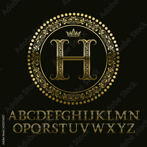 Floral patterned gold letters with H initial monogram. Baroque style font for logo design. Isolated english vintage alphabet.