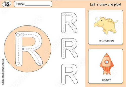 Cartoon rhinoceros and rocket. Alphabet tracing worksheet: writi