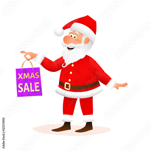 Santa Claus isolated on white background. Flat funny old man character holding Xmas gift. Christmas decoration for sale or discount banner or poster design. Cartoon vector illustration. © julkirio