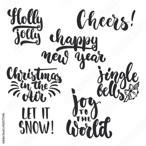 Lettering Christmas and New Year holiday calligraphy phrases photo overlays set isolated on the white background. Fun brush ink typography for illustrations, t-shirt print, flyer, poster design