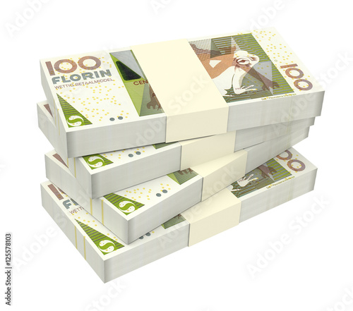 Aruban florin bills isolated on white background. 3D illustration.