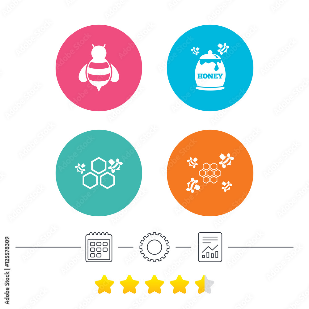 Honey icon. Honeycomb cells with bees symbol. Honey icon. Honeycomb cells with bees symbol.