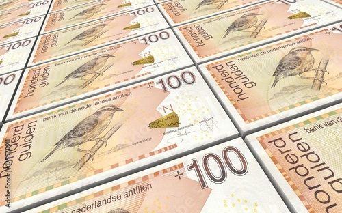 Netherlands Antillean guilder bills stacks background. 3D illustration. photo