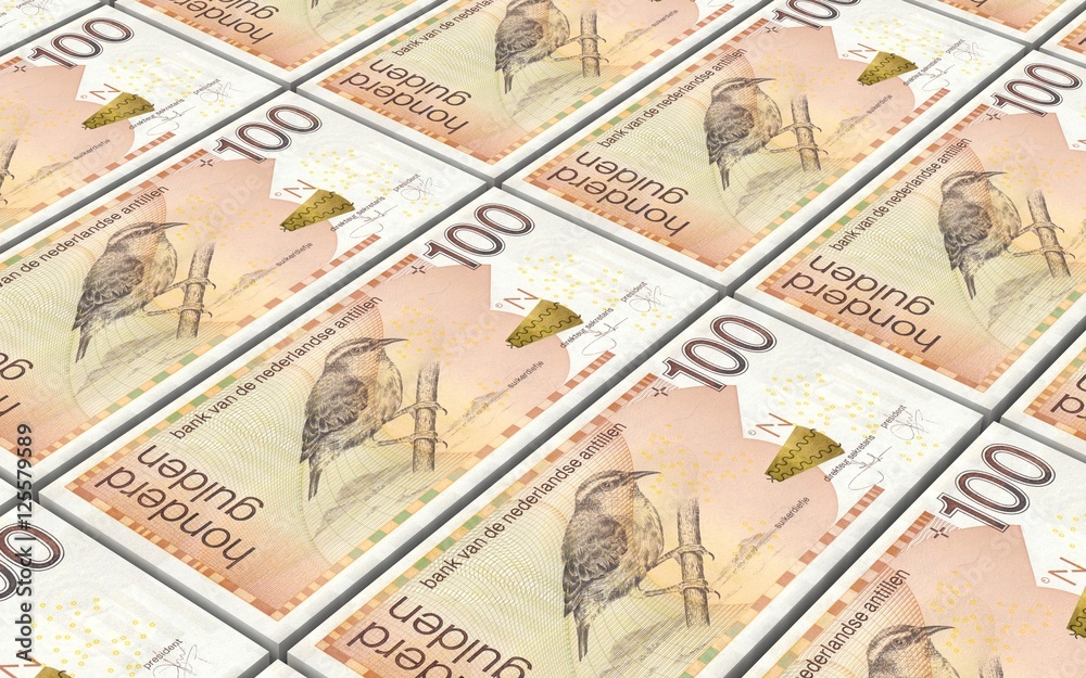 Netherlands Antillean guilder bills stacks background. 3D illustration.