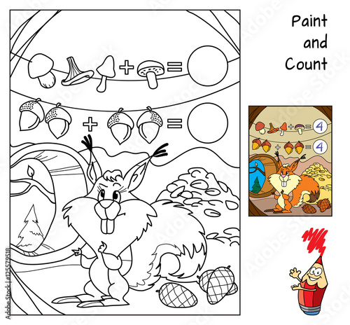 Thrifty squirrel. Education counting game for children. Coloring book. Cartoon vector illustration