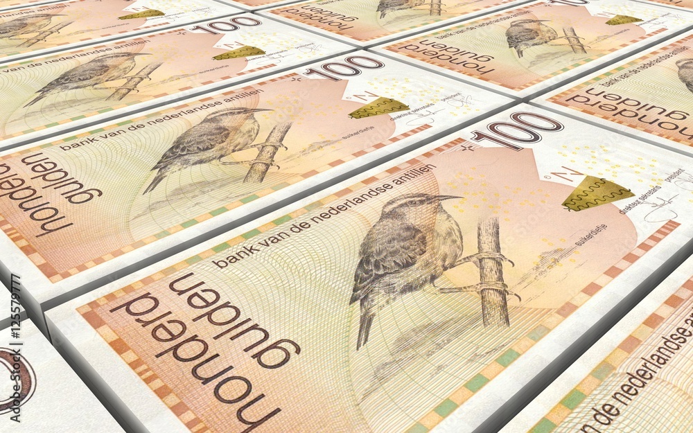 Netherlands Antillean guilder bills stacks background. 3D illustration.