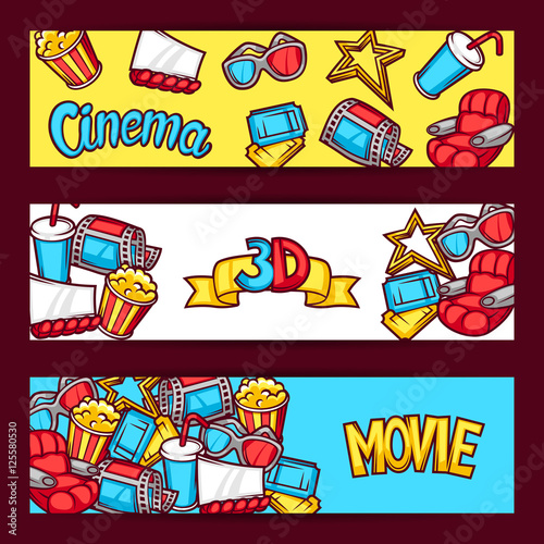 Cinema and 3d movie advertising banners in cartoon style