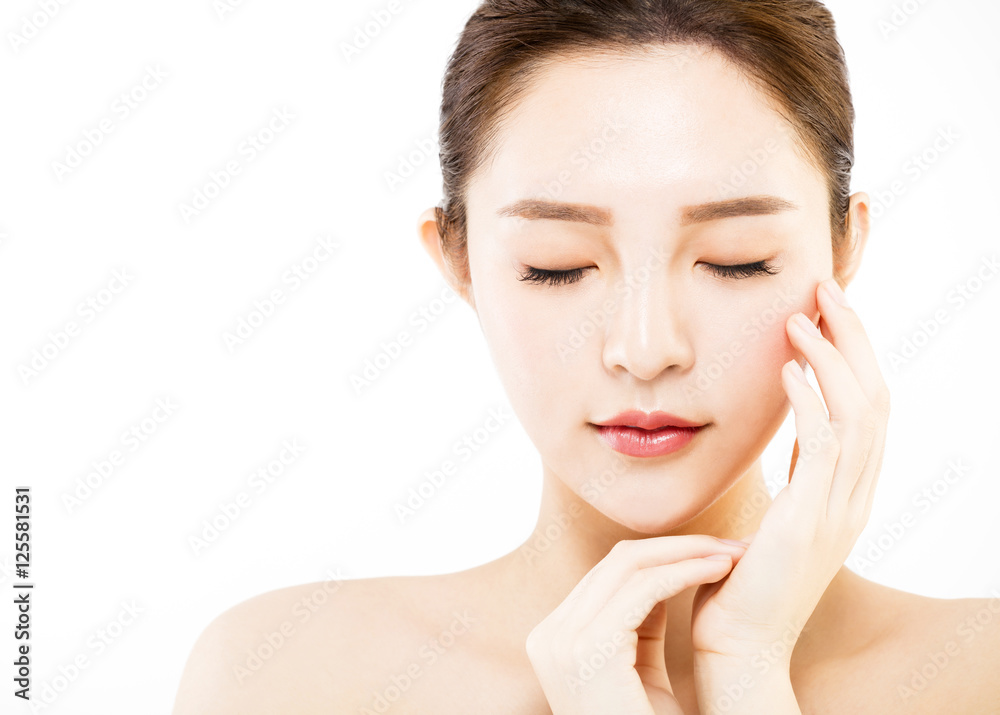 closeup   young  woman face isolated on white