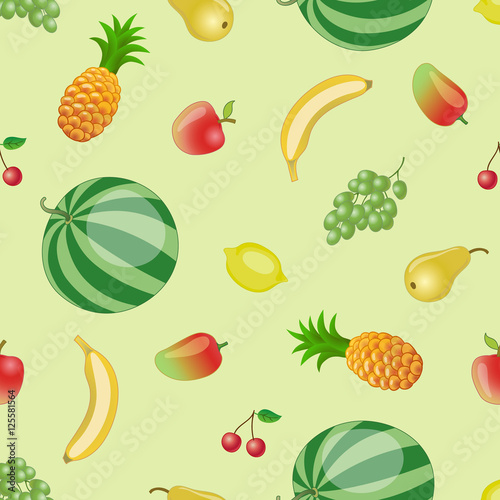 Seamless pattern from pineapples, apples, grapes, mangos, cherries, bananas, lemons and water-melons on a pale green background (ID: 125581564)