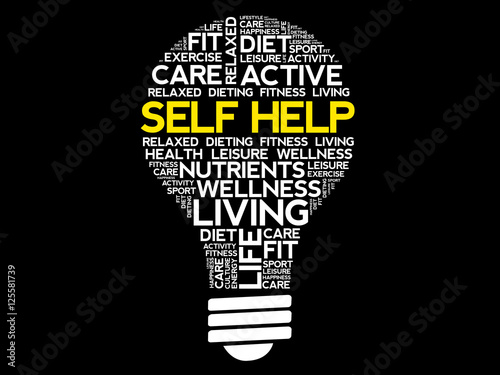 Self Help bulb word cloud collage, health concept background