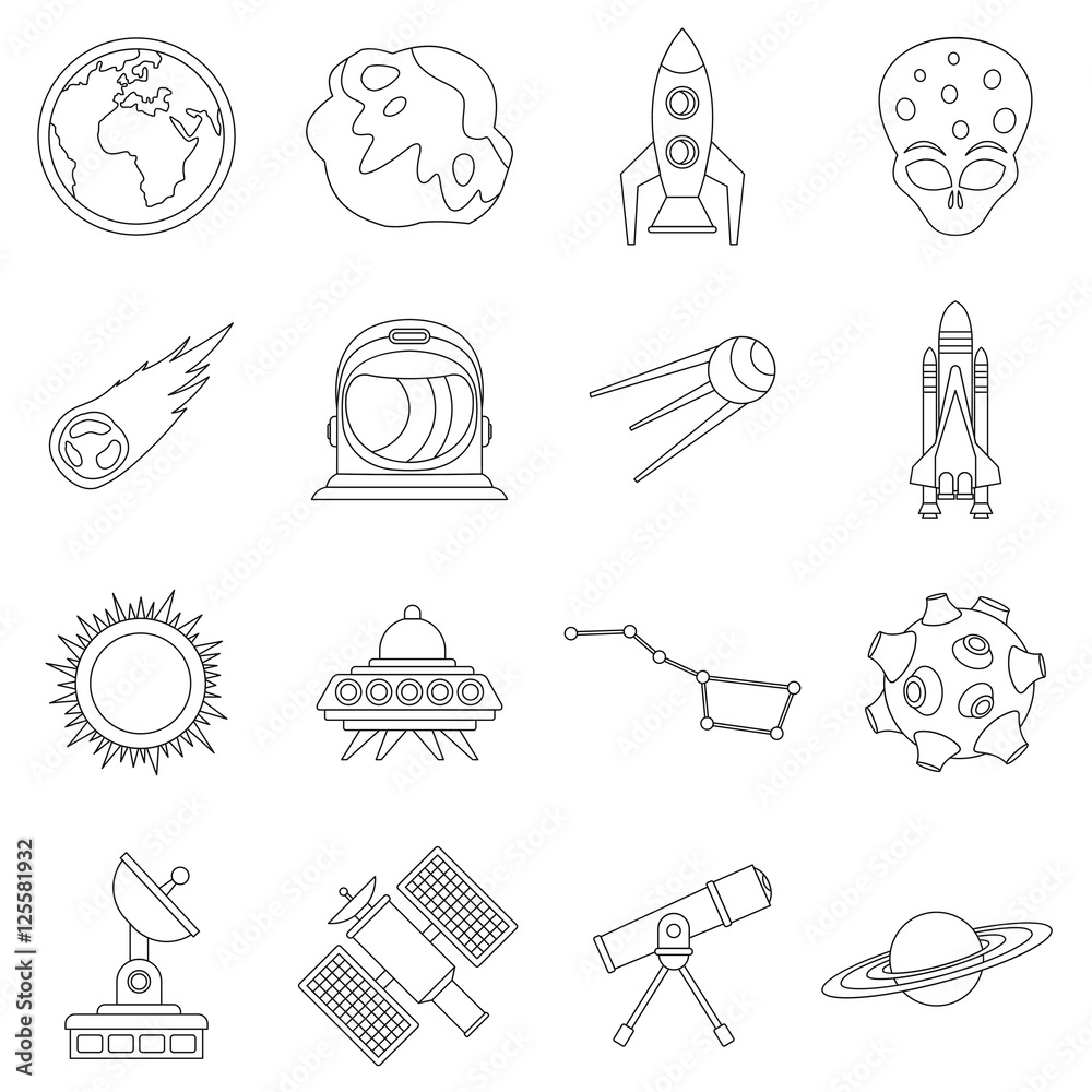 Space icons set. Outline illustration of 16 space travel vector icons for web