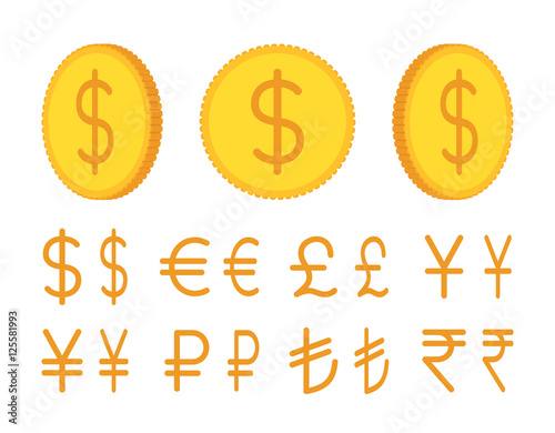 Golden coin creation set. Build your own design. Cartoon vector flat-style infographic illustration