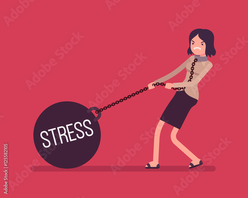 Businesswoman dragging a giant heavy weight on chain, written Stress on a ball. Cartoon vector flat-style concept illustration