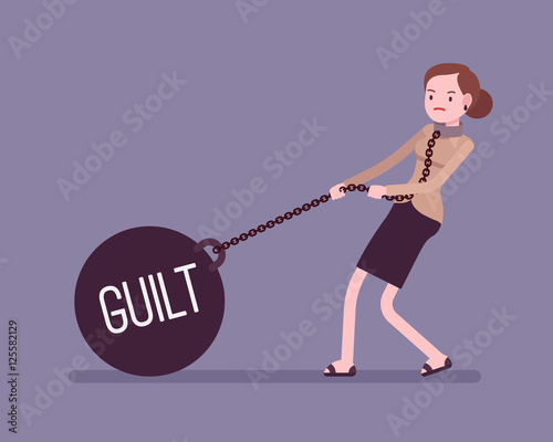 Businesswoman dragging a giant heavy weight on chain, written Guilt on a ball. Cartoon vector flat-style concept illustration