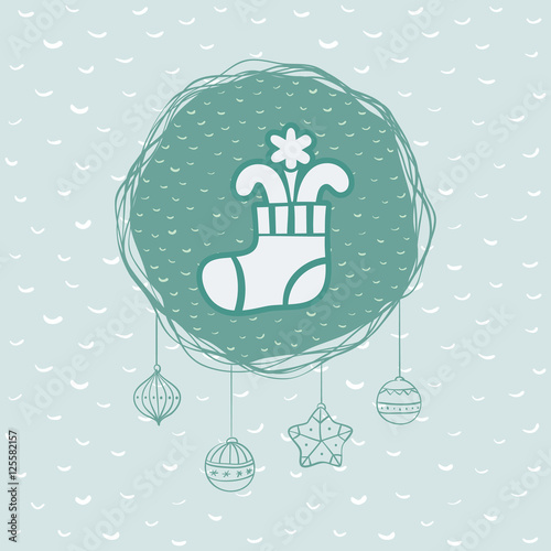 Christmas and New Year round frame with stocking symbol. Greeting card.