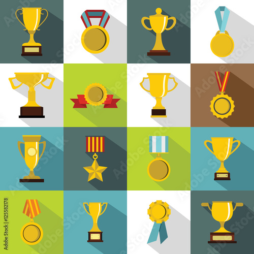 Trophy icons set. Flat illustration of 16 trophy vector icons for web
