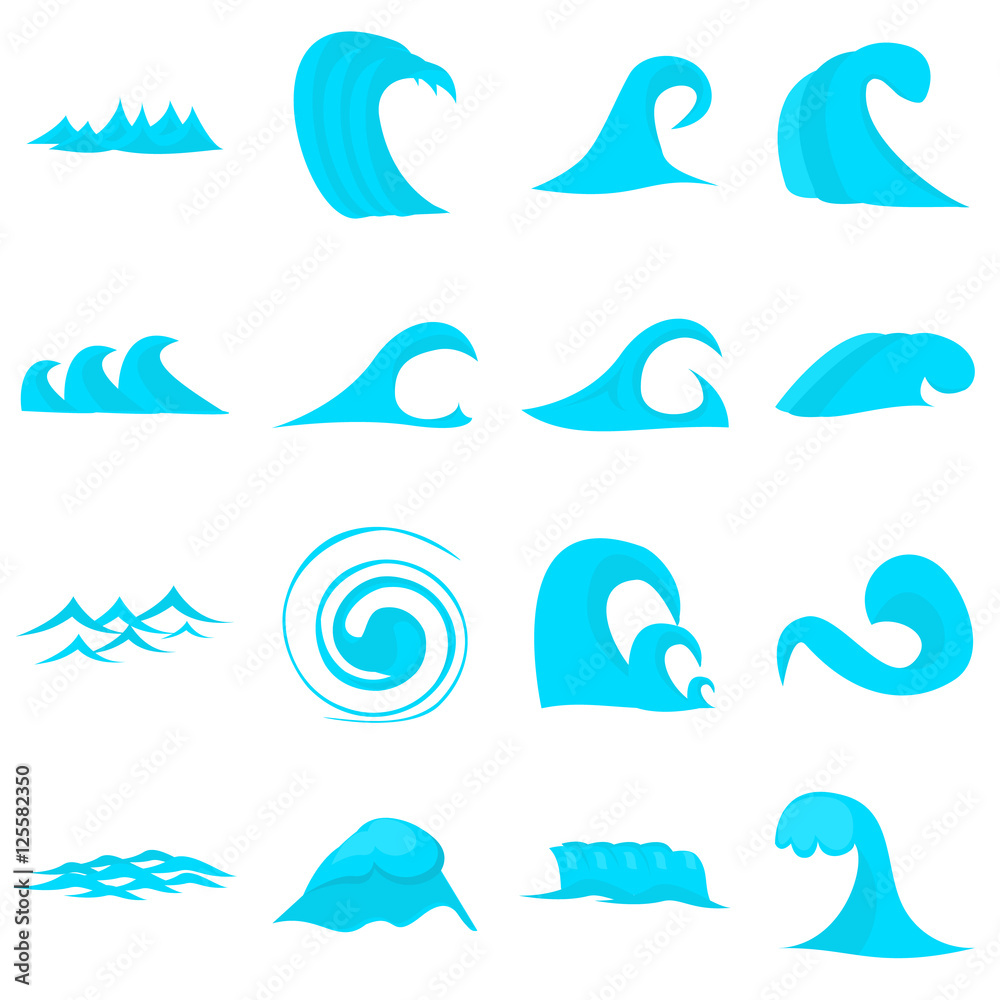 Waves icons set. Flat illustration of 16 waves vector icons for web Waves icons set. Flat illustration of 16 waves vector icons for web