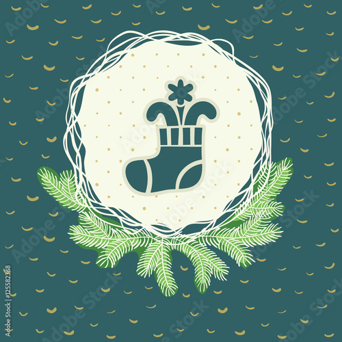 Christmas and New Year round frame with stocking symbol. Greeting card.