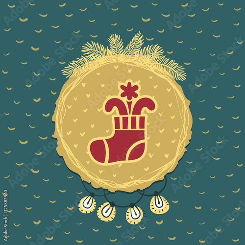Christmas and New Year round frame with stocking symbol. Greeting card.