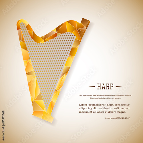 Music magazine layout flyer invitation harp design. Vector musical ornament illustration concept. Art instrument, poster, book, abstract element. Decorative triangular greeting card