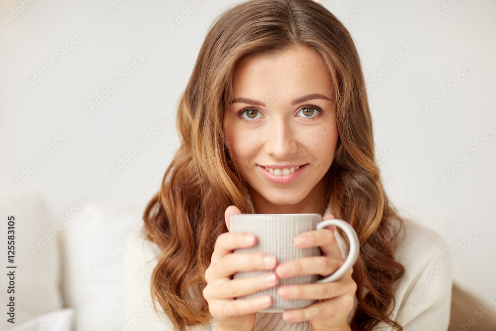 close up of happy woman with coffee cup at home close up of happy woman with coffee cup at home
