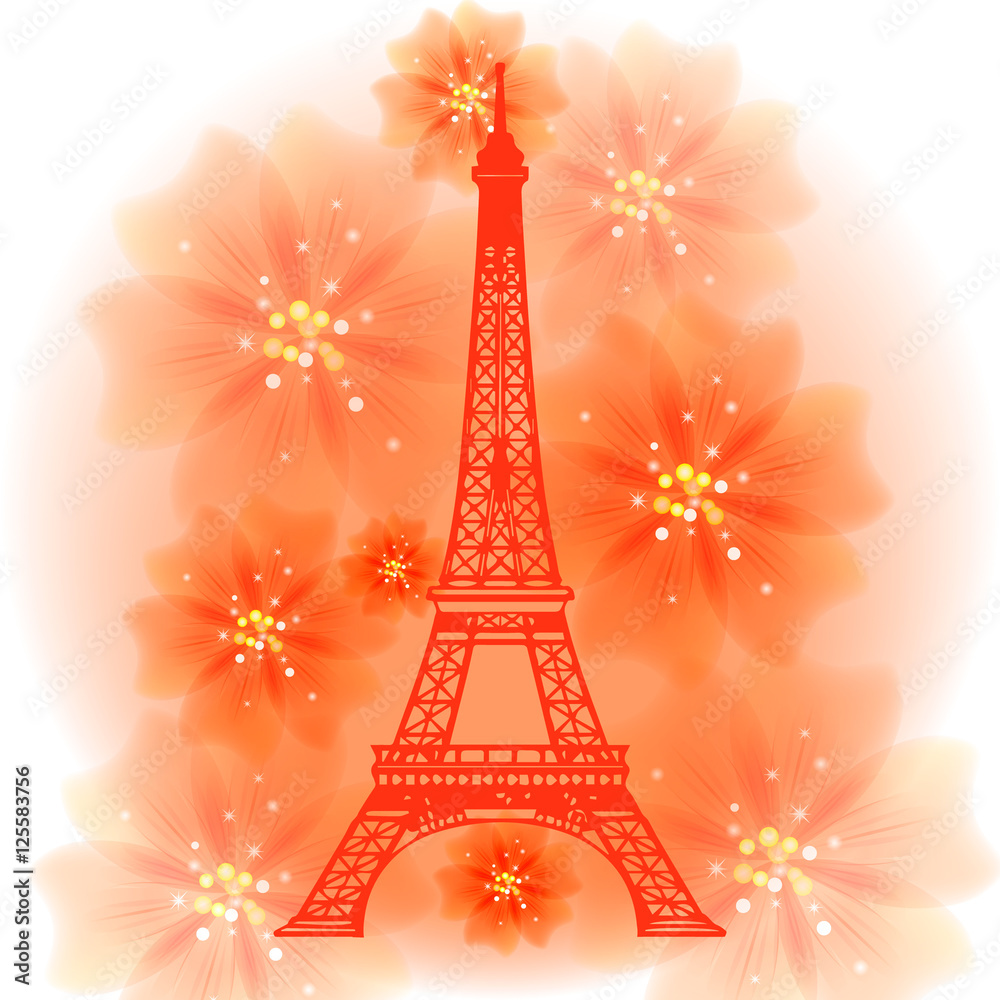 Landmark Paris - Eiffel Tower on a background with flowers